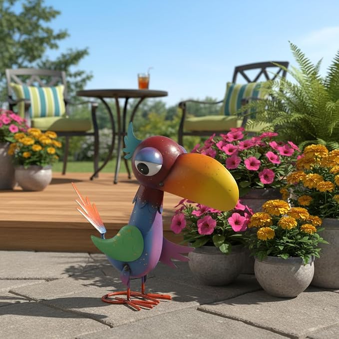 12'' Tall Bird Garden Statue for Outside, Lawn, Patio, Porch | Cheeky Metal Bird Sculpture Yard Art, Standing Bird Garden Decor