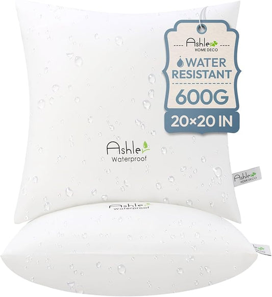 Ashler Home Deco Outdoor Pillow Inserts 20x20 Pack of 2, Waterproof Pillows Decorative for Couch, Hypoallergenic Pillow Square Lumbar Pillow Form for Bedding Couch,White