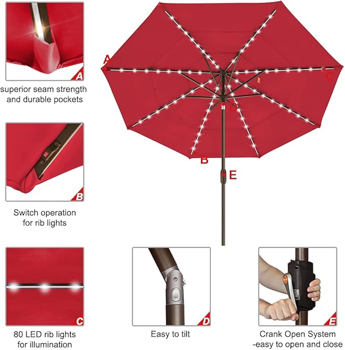 EliteShade USA 10-Year-Non-Fading 9ft 3-Tier Market Patio Umbrella, Commercial Table Umbrella with 80 Solar LED Lights, Crank Open, Windproof & UPF 50+ UV Protection for Garden, Deck, Pool, Backyard, Logo Red