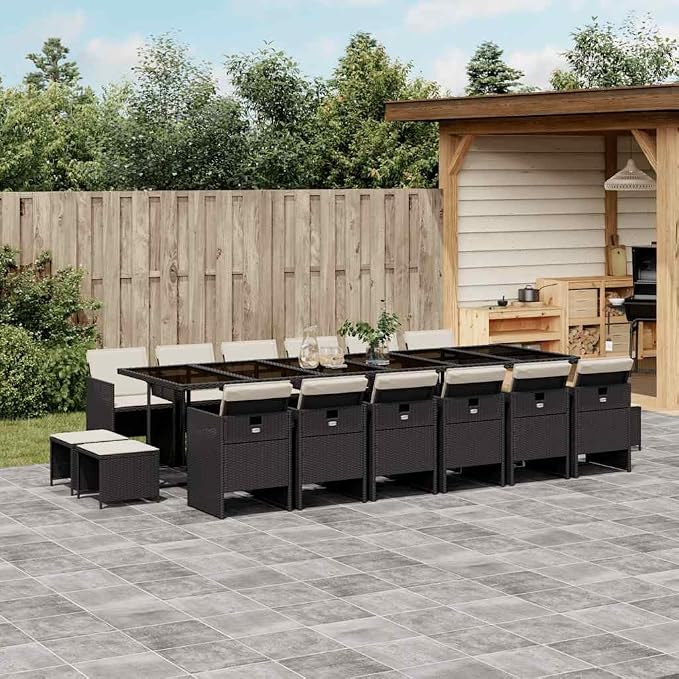 17-Piece Black Poly Rattan Garden Dining Set, Patio Furniture for Balcony, Garden, or Patio, 129.9 x 41.7 x 28.7 in