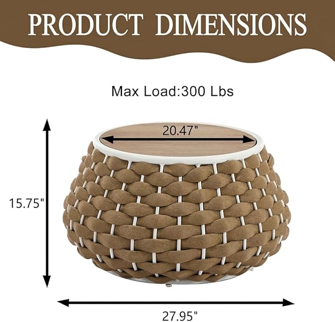 28 inch Outdoor Side Table, Large Patio End Table with Removable Lid Round Accent Side Tables with Metal Frame and Hollow Out Bottom for Patio, Balcony Porch, Poolside, Garden, Yard (Brown)