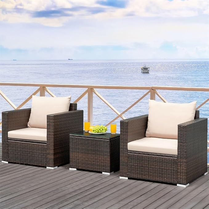 3PCS Patio Rattan Furniture Set Conversation Wicker Sofa W/Cushion Garden