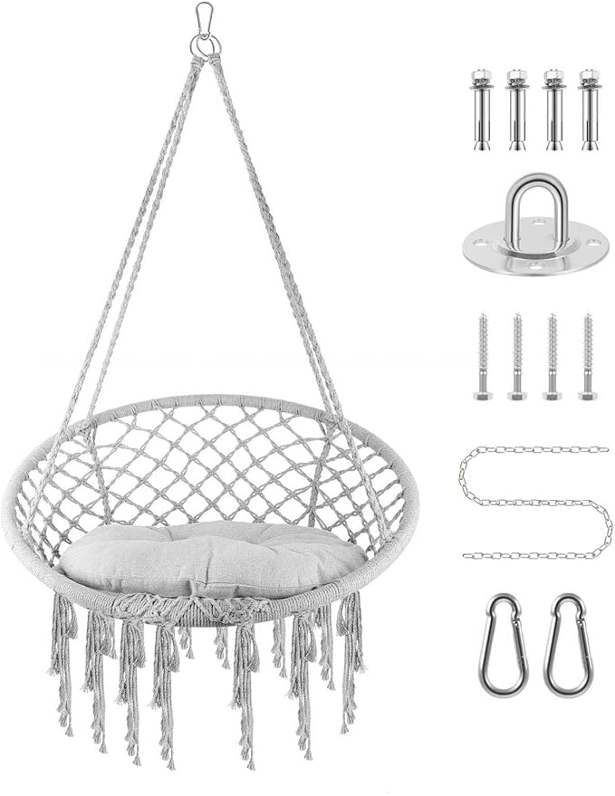 330 lb Loading Bohemian Handwoven Hanging Chair with Tassels, Cotton Rope Hammock Swing for Adults, Sturdy Steel Frame with Comfort Pillow, Perfect for Reading Nook & Balcony, Grey