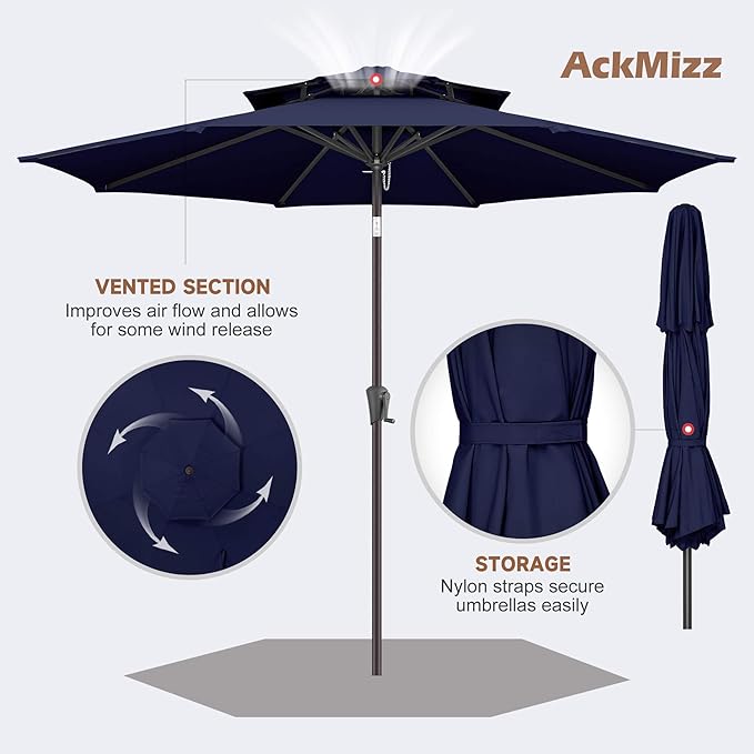 9FT Outdoor Patio Umbrella - 2 Tiers Table Umbrella Waterproof UV Protection, Sombrillas de Patio with Push Button Tilt, Sun Umbrella for Pool, Porch, Garden, Backyard (Navy Blue)