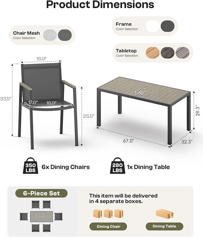 Outdoor Dining Set for 4, Aluminum Patio Table and Chairs Set, 5-Piece All Weather Patio Dining Furniture Set with Umbrella Hole for Backyard, Deck, Poolside (Gray)