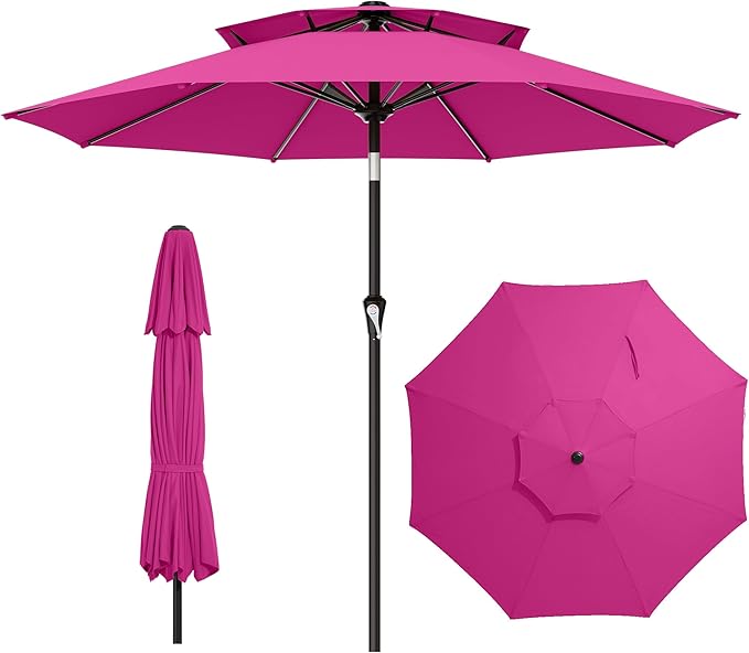 AreShark 9ft 2 Tiers Patio Umbrella - Outdoor Umbrella Waterproof UV Protection, Market Table Umbrella w/Push Button Tilt&Crank for Pool, Porch, Garden(Rose Pink)