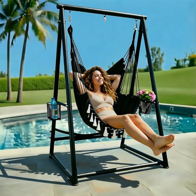Hammock Chair with Stand Hanging Rope Swing Chair, Heavy-Duty Steel Max 350 LBS Capacity for Indoor Outdoor Patio Garden Balcony (Black)