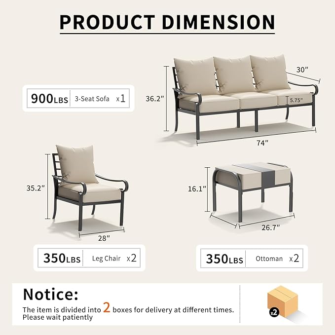 5 Piece Patio Furniture Set, Metal Patio Conversation Set with 1x3 Seater Sofa & 2xFixed Chairs & 2xOttomans, 5.75'' Extra Thick Cushion for Lawn Garden Backyard, Beige