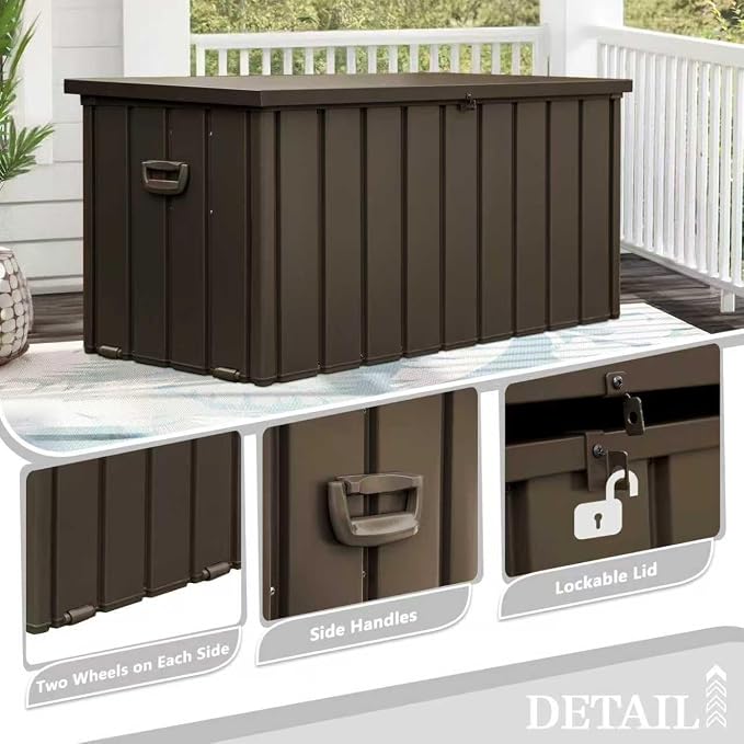 Domi 150 Gallon Deck Box, Metal Outdoor Storage Box with Lock Wheels, Waterproof Outside Storage Box for Patio Cushions