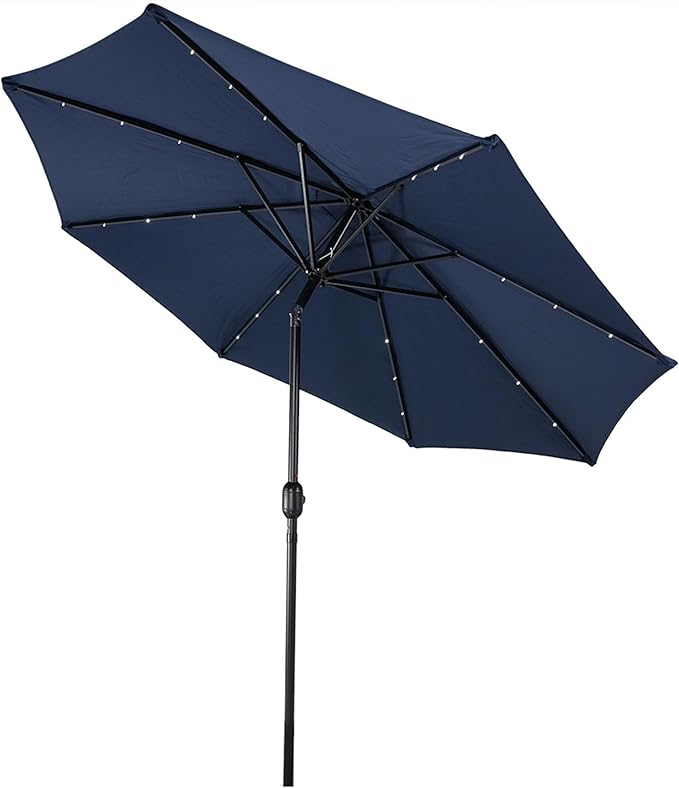 Sunnydaze 9 ft Outdoor Patio Umbrella with Solar Lights - Polyester LED Table Market Umbrella with Push-Button Tilt and Crank - Navy Blue