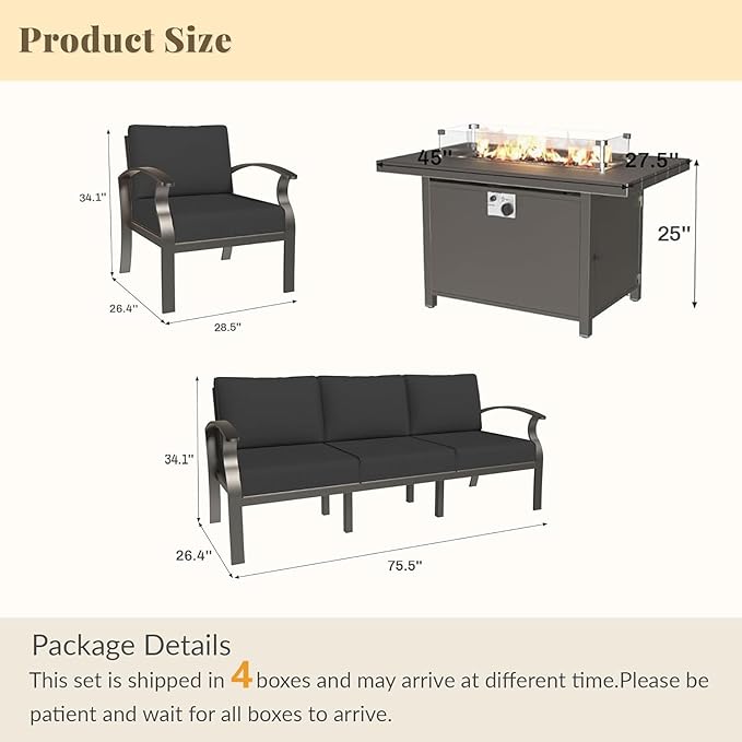 Aluminum Patio Furniture Set with 55,000 BTU Propane Fire Pit Table,5 Seats Metal Modern Outdoor Furniture w/5.1" Cushions,Patio Sectional for Backyard,Patio,Black