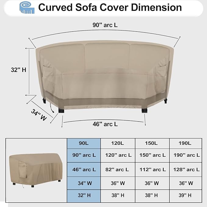 OutdoorLines Waterproof Curved Outdoor Sectional Cover - UV Resistant Windproof Patio Sectional Sofa Covers for Deck, Lawn and Backyard, Heavy Duty Furniture Covers (90Lx34Dx32Hx46FL, Camel)