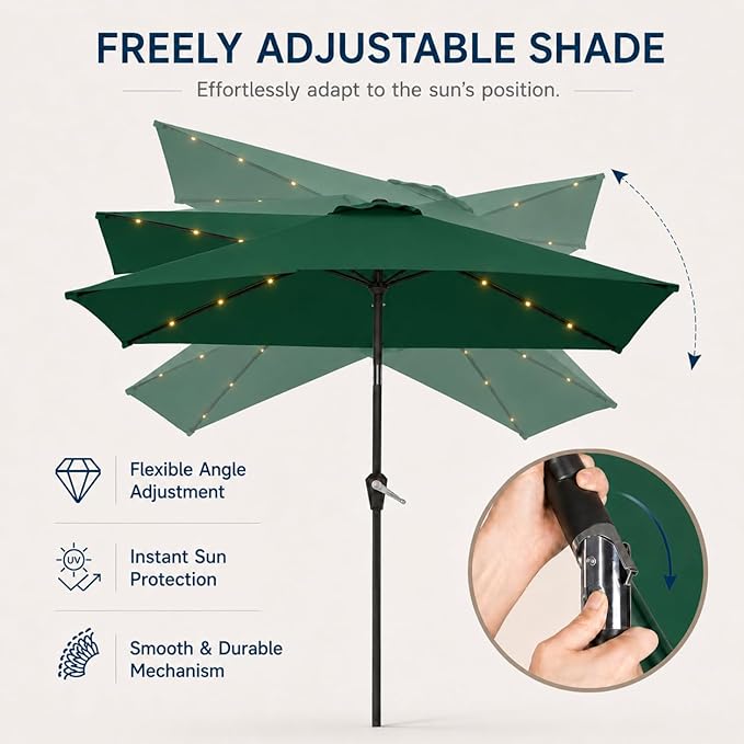 6.5 x 10ft Rectangular Patio Umbrella with Solar Lights, 16 LED Lighted Market Umbrella with Push-Button Tilt and Crank, 6 Sturdy Iron Ribs for Garden, Deck, Pool, Forest Green