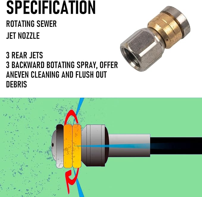 Hourleey Sewer Jetter Kit for Pressure Washer 100FT, 4000 PSI Drain Cleaner Hose 1/4 Inch NPT, Corner Rotating and Button Hose Sewer Jetting Nozzle Pearl Corsage Pin Tape Handle Strap Spanner, Green