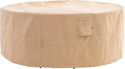 WJ-X3 Round Patio Furniture Cover, 84" D x 31" H, Waterproof, UV Resistant, Anti-Fading Outdoor Cover for Round Dining Table and Chairs Set, Beige