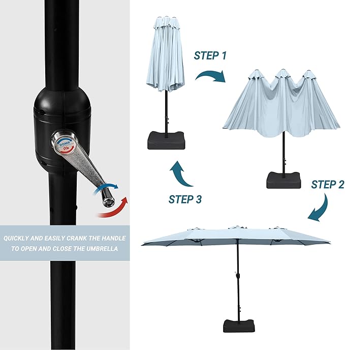 15ft Patio Umbrella with Base, 10-Year-No-Fade Large Outdoor Double-Sided Market Umbrella with UPF50+Terylene Polyester Fabric and Crank for Poolside Garden Deck Backyard Beach Pools