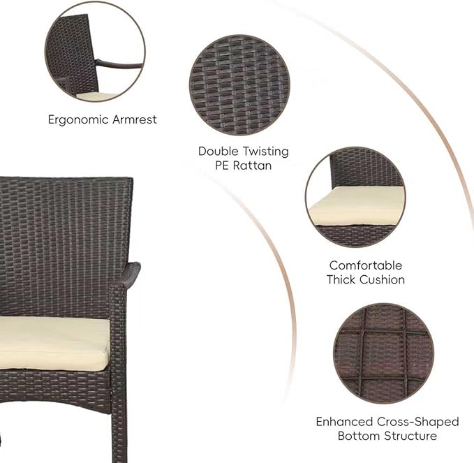 3-Piece Outdoor Patio Set, PE Wicker Patio Furniture Set, with Easy-to-Clean Removable Cushions and Glass Table, Garden Leisure and Entertainment Chat Set (Brown)