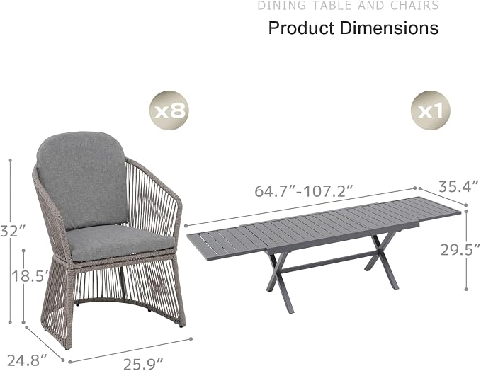 SUNSITT 9 Piece Outdoor Patio Dining Set, 65" - 107" Metal Expandable Outdoor Dining Table with X-Shape Legs, 8 Woven Wicker Outdoor Patio Chairs w/Curved Armrest for Garden, Dark Grey