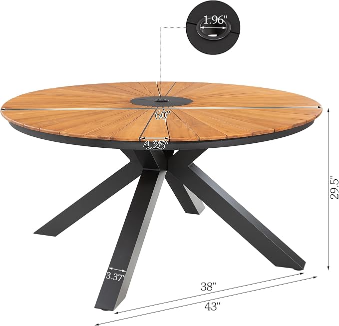 Ulax furniture Nuova 60" Round Teak Dining Table – Solid Wood Indoor/Outdoor Patio Table with Umbrella Hole, Comfortably Seats 6 (Black)
