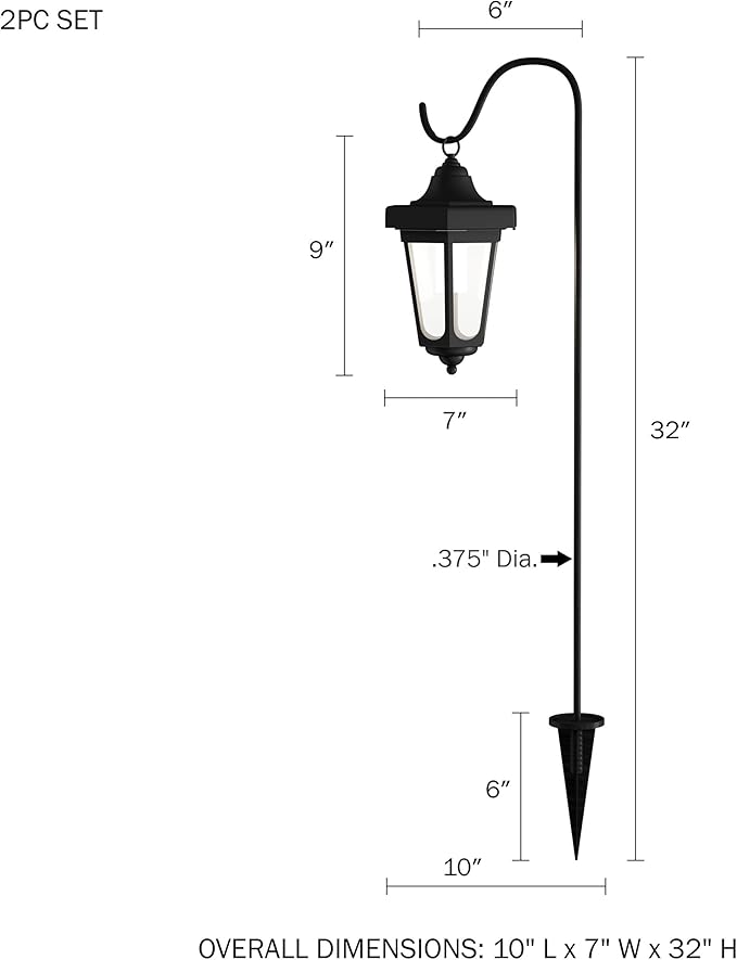 Set of 2 Solar Lanterns - Waterproof Hanging Coach LED Lights with Shepherd Hooks for Mounting - Garden Decor for Outside by Pure Garden (Black)