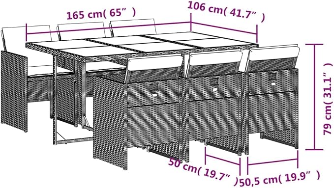 7 Piece Patio Dining Set with Cushions Gray Poly Rattan, Outdoor Table and 6 Chairs with Foldable Backrest, Tempered Glass Top, Removable Washable Cushion Covers for Garden Backyard Deck Entertaining