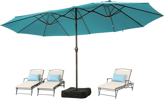 Ayge 15FT Patio Umbrella with Base,Large Outdoor Double-Sided Rectangle Umbrella with Crank Handle, Market Umbrella for Poolside Garden Deck Backyard Beach Pools,Light Blue