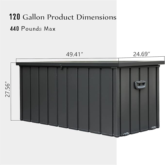 120 Gallon Outdoor Storage Deck Box, Waterproof and Lockable Patio Storage Bench, Large Dark Gray Organizer for Cushions, Pillows, Garden Tools, and Pool Supplies