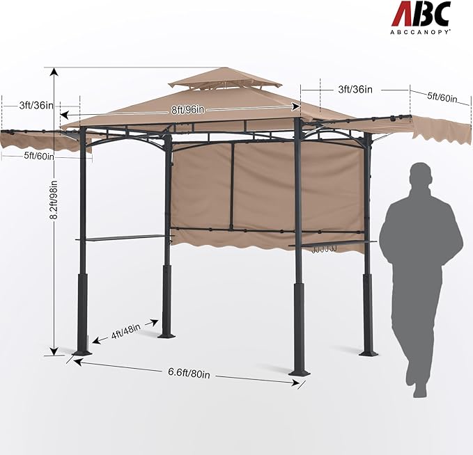 ABCCANOPY Grill Gazebo with 3 Side Awnings - 14x5 Outdoor BBQ Canopy Shelter with 2 Led Lights for Patio Backyard Grilling (Khaki)