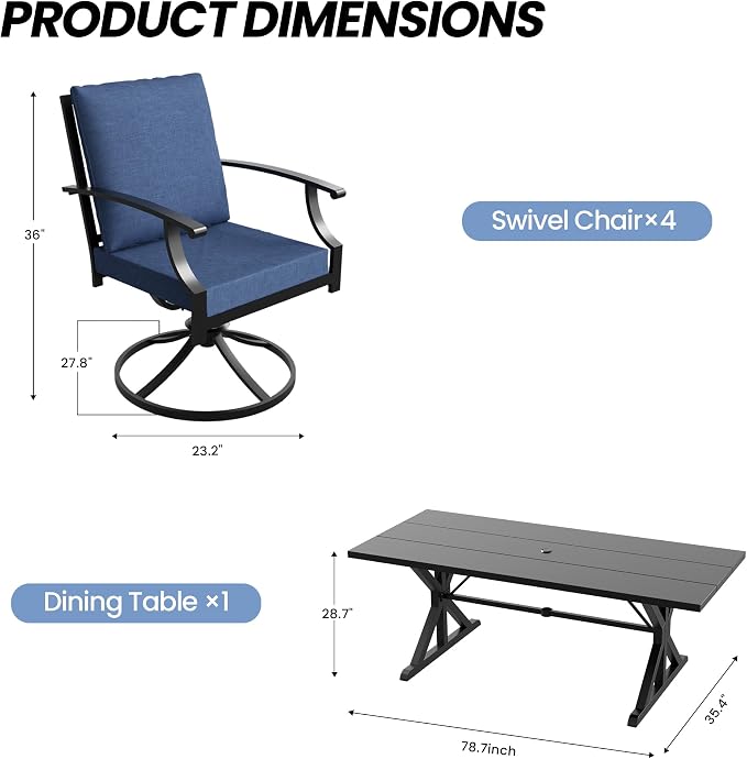 5 Pieces Patio Dining Set Outdoor Conversation Set,Metal Outdoor Furniture Set with Umbrella Hole Cut-Out 78.7" x 35.4" Table and 4 Metal Backrest Swivel Chairs for Backyard,Garden,NavyBlue