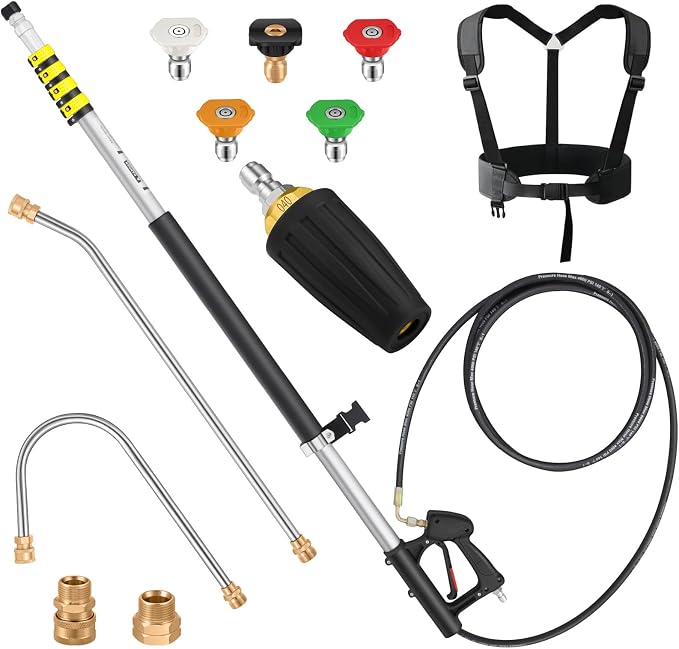 24 FT Telescoping Pressure Washer Wand Extension with Turbo Nozzle | Aluminum Power Washer Extension Wand with 5 Nozzle Tips, 2 Adapters, Harness, Gutter Cleaning Tools from The Ground
