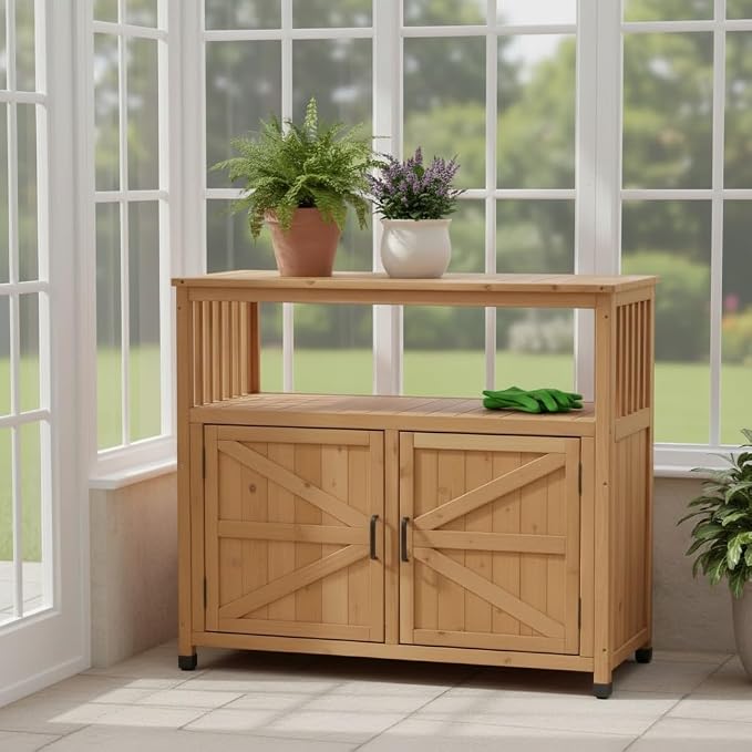 Wooden Outdoor Storage Cabinet, Bar Table Cabinet with Storage, Buffet Sideboard for Patio, Garden, Potting Bench, TV Stand, Balcony, Light Brown