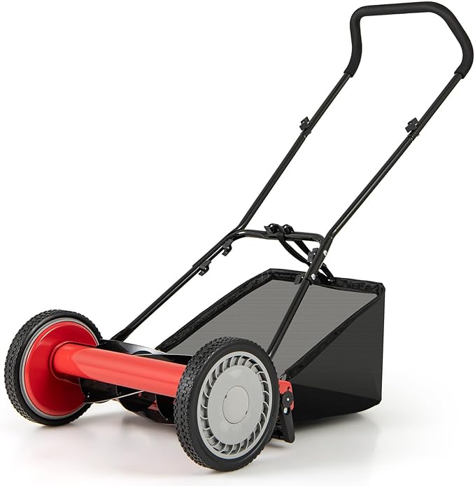 16" Manual Rear Mower, Push Lawn Mower with 5 Steel Blades, Adjustable Cutting Heights & Grass Catcher Bag, Walk-Behind Grass Cutter Lawn Sweeper for Garden, Park & Yard (Red)