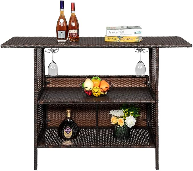 Modern bar and pub table set Bar Table for Pub, Kitchen Dining Coffee Table Table Bar Height Cocktail Table Tall Table for Kitchen Bistro Cafe Patio Outdoors Kitchen Cart with Wine Rack Glasses Holder
