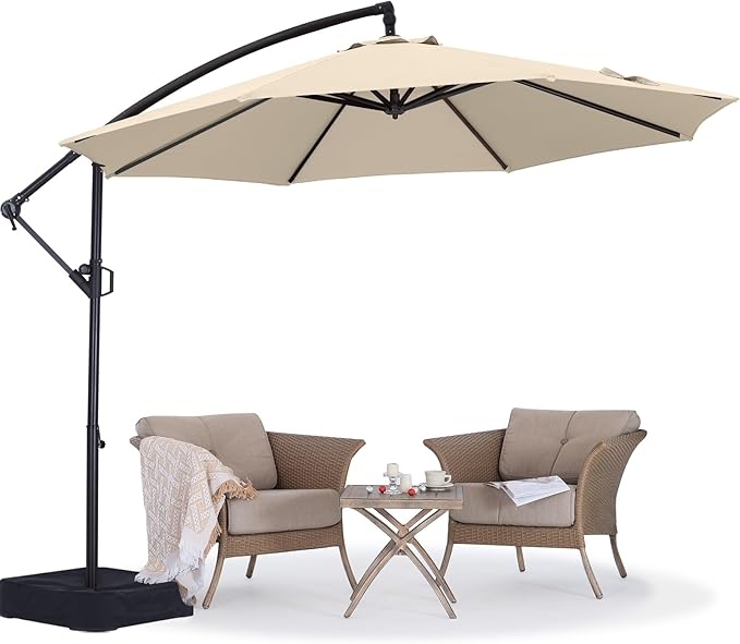 ABCCANOPY 10FT Cantilever Patio Umbrella with base included, 360° Rotation Outdoor Offset Umbrella Bonus Fix Frame & Weights Bag for Backyard, Deck, Poolside (Light Beige)