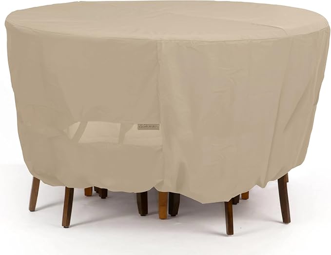 Covermates Classic Round Patio Dining Table and Chair Set Cover – All-Weather Outdoor Furniture Protection, Water-Resistant Vinyl, Elastic Hem, Mesh Vents, 72DIAMETER x 30H, Classic Tan