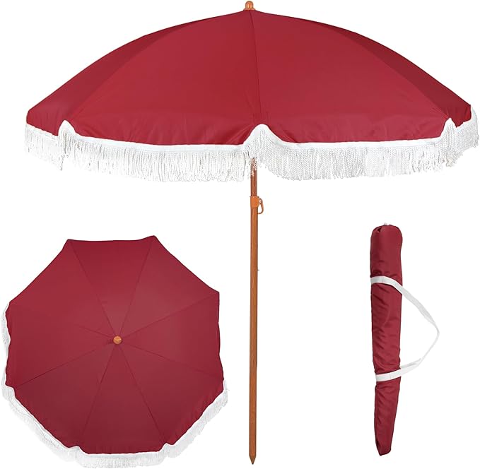 6 Ft Fringe Patio Umbrella - Outdoor Umbrella for Patio, Pool, Table, Garden, Deck, Beach, and Outdoors - Fashionable Boho Vintage Tassels & Wood Print - Push Button Tilt Pole