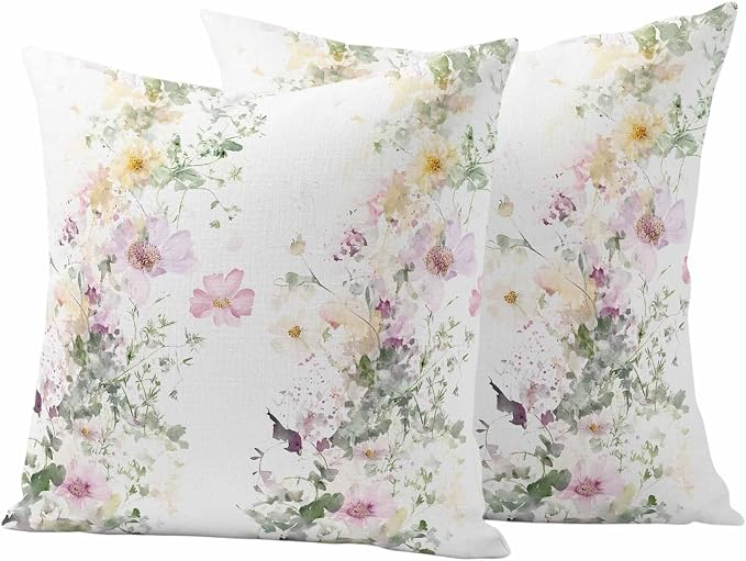 Watercolor Flowers Outdoor Waterproof Throw Pillow Covers Set of 2, 26"x26", Spring Retro Floral Purple Green Yellow Decorative Pillow Covers Outside Cushion Case for Patio Porch Garden