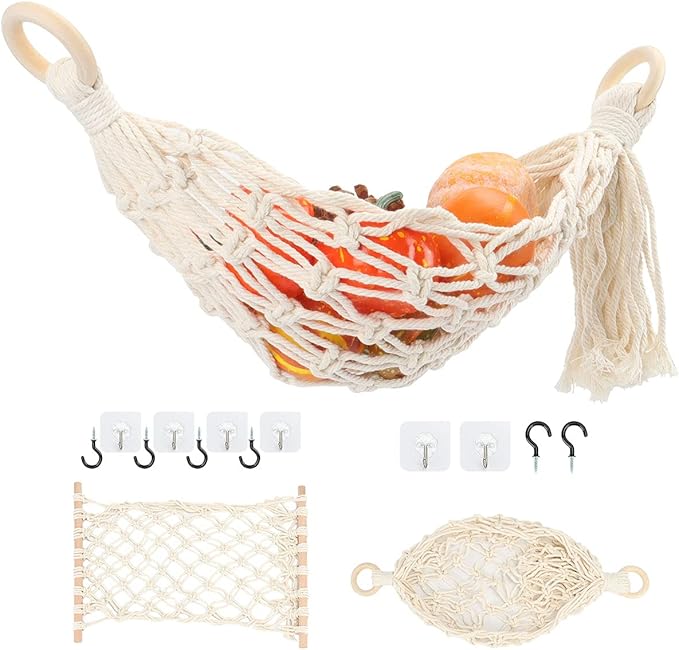 Hanging Fruit Hammock Under Cabinet Hanging Basket Includes Hooks - Macrame Bohemian Hanging Banana Vegetable Hammocks Kitchen Storage Counter Space Saving Decoration at Home, Boat or Rv (Style A & B)