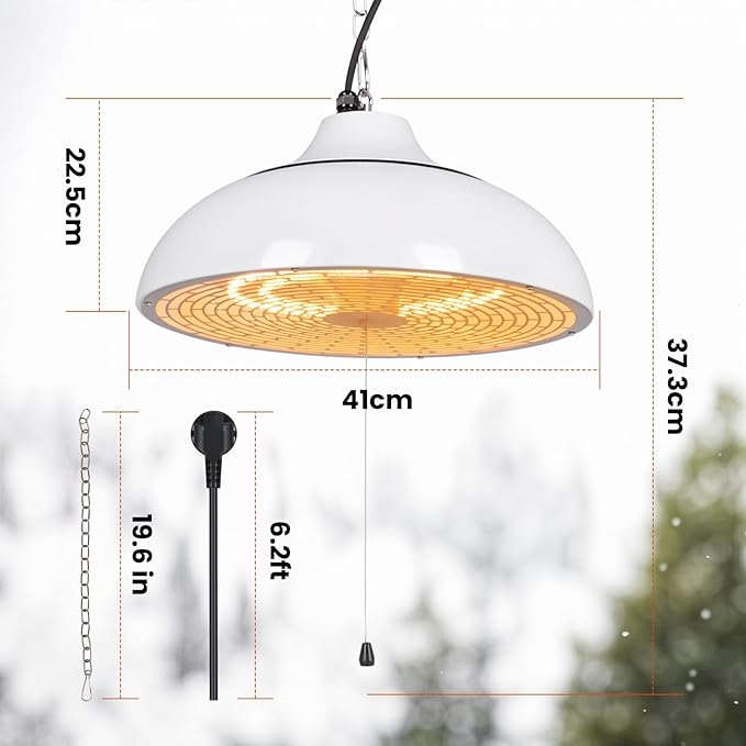 Electric Outdoor Heater for Patio, 1500W Infrared Heater for Indoor & Outdoor, IP55 Waterproof, Fast Heating, Tip-Over Protection, Perfect for Garden, Balcony, Garage (white, hanging)