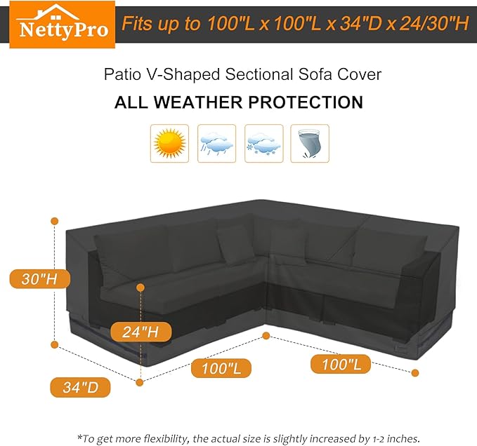 NettyPro Outdoor Sectional Sofa Cover 100 Inch, 600D Heavy Duty Waterproof Patio Lawn Furniture V-Shaped Lounge Set Couch Cover, Black