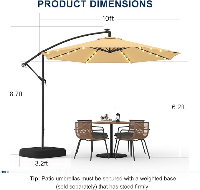 10FT 40-LED Solar Lighted Patio Umbrella with Base Included, Outdoor Offset Cantilever Umbrella, Infinite Tilt, UV Protection for Backyard, Lawn, Garden & Pool