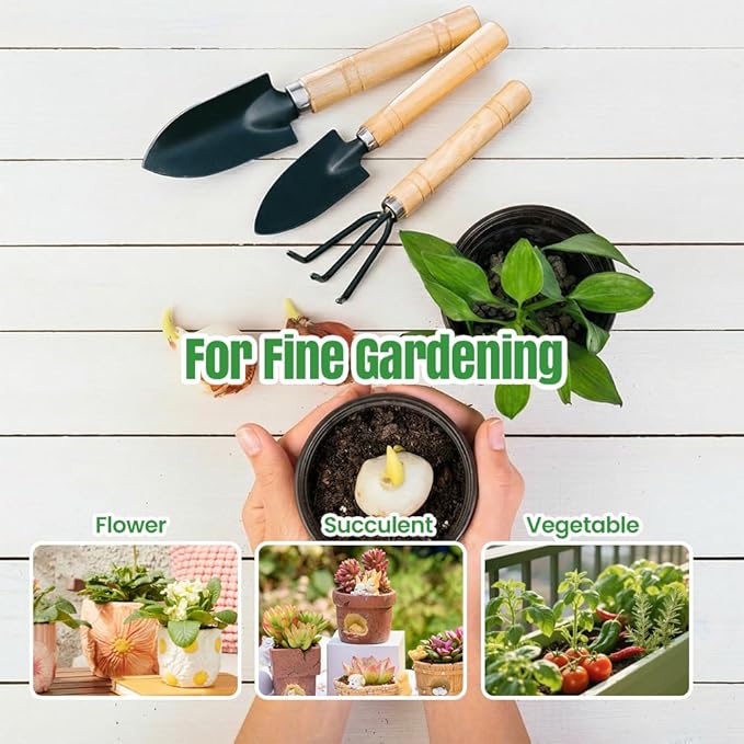 3Pcs Gardening Tools Set, Rust-Resistant Iron & Solid Wood Small Garden Tools, Indoor Plant Tools for Succulents Bonsai, Hand Trowel Shovel Rake Kit for Repotting & Small-Space Gardening (3pcs)