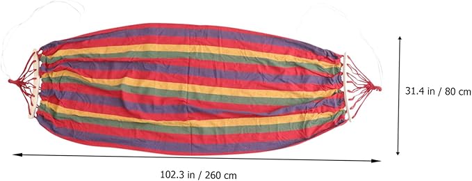 Canvas Single-Person Rainbow Striped Hammock with Anti-tip Design, Outdoor Traveling Swing for Leisure and Camping, Red Wide Cotton Fabric for Patio and Garden Use