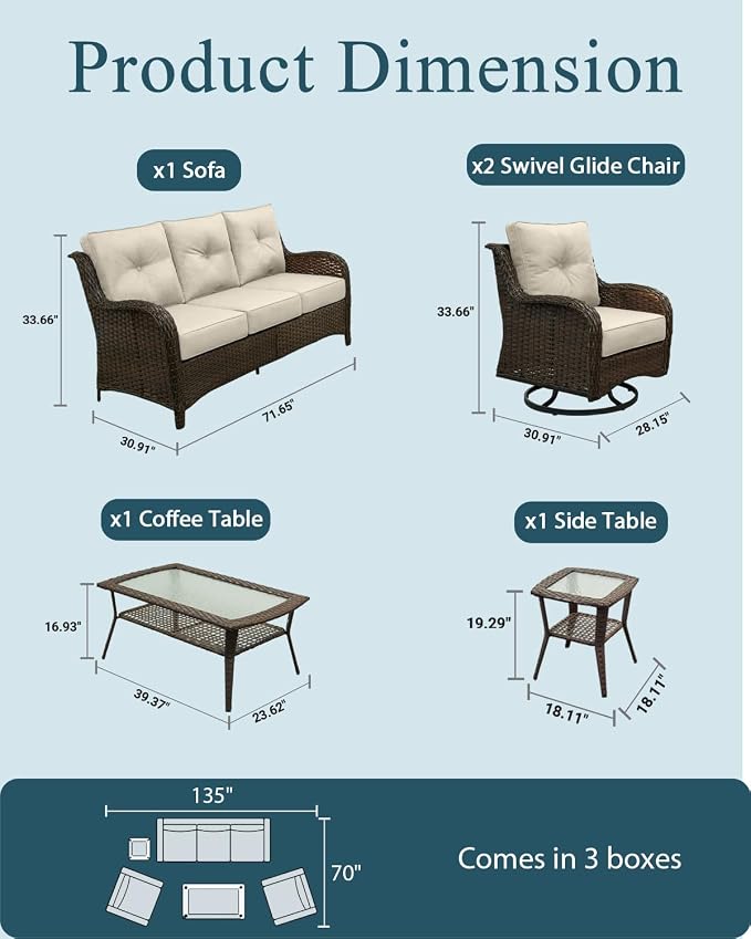 Luxury Patio Conversation Set, 5-Piece Ergonomic High Back Wicker Sofa&Swivel Chair Set with 6-Inch Deep Seating Cushions, Large Patio Furniture Set for Garden, Deck & Balcony, Beige