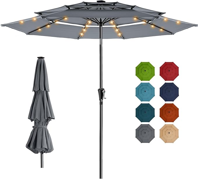 HOMSHADE 9FT 3-Tier Solar Patio Umbrella Heavy Duty,Vented Market Table Umbrella Windproof w/32 LED Lights,UPF50+,5-Year Fade Resistant,8 Thicker Ribs for Pool,Lawn,Garden,Deck (Grey,No Base)