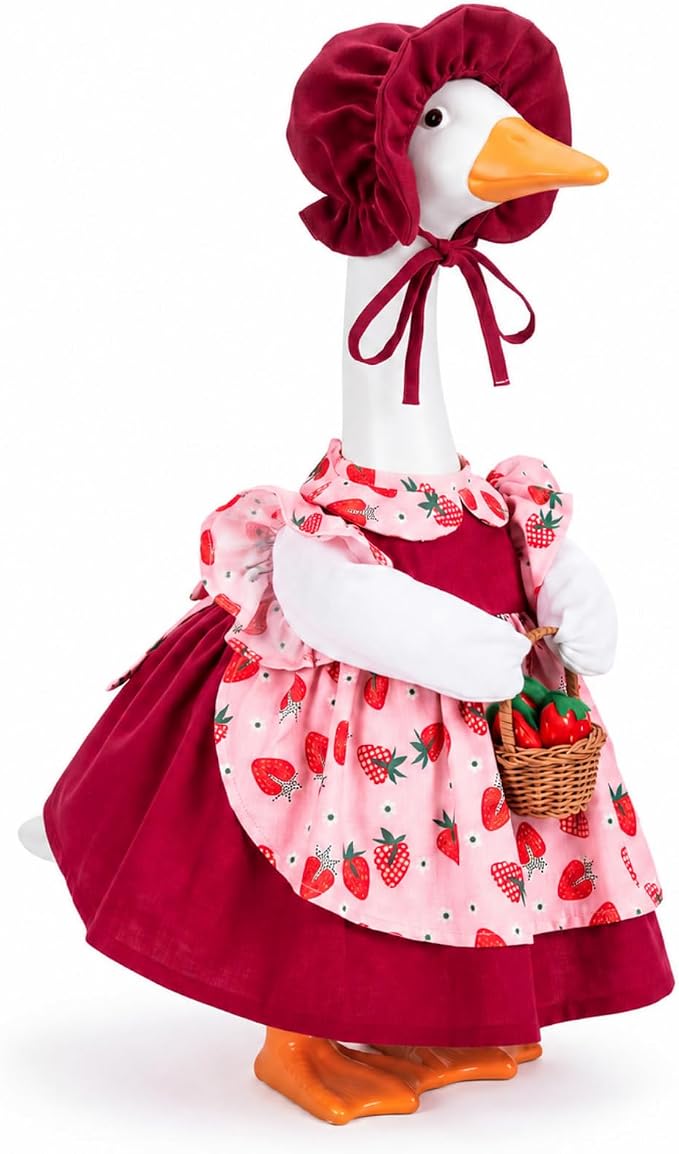 Abbylike Summer Porch Goose Outfits for 23''/17" Cement Statue Strawberry Goose Outfit Strawberry Gril with Basket Costume for Spring Summer Outdoor Yard Lawn Patio Decor