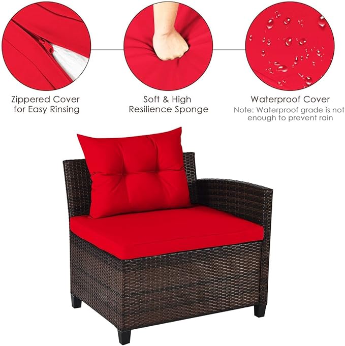 HAPPYGRILL 4 Pieces Rattan Patio Conversation Set, Outdoor Wicker Furniture Set with Cushioned Sofas and Coffee Table, L-Shape Sectional Curved Sofa Set for Garden Poolside Balcony