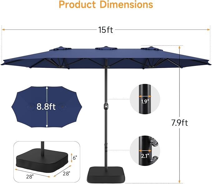 ONBRILL 15ft Patio Umbrella with Base Included, Extra Large Shade Area, Double Sided Rectangle Umbrella with Crank Handle for Poolside, Garden, Yard, Blue (Blue)