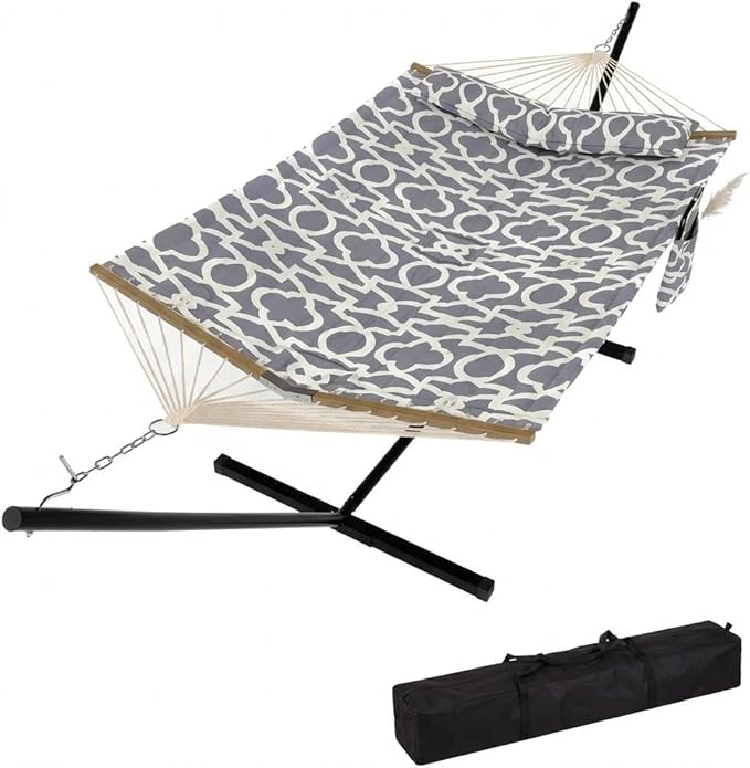Hammock with Stand, 2 Person Heavy Duty Hammock with Soft Pillow & Balance Ropes, Stand Alone Hammock with Curved Spreader Bar, Portable Outdoor Hammock for Patio,Beach, Backyard,Grey and White