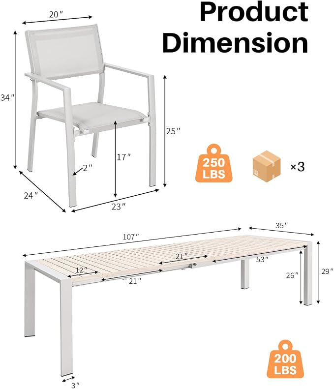 9 Pieces Extendable Patio Dining Set, 6-10 Person Expandable Outdoor Dining Table with Wood Grain Top and 8 Stackable Textilene Dining Chairs, Aluminum Patio Table and Chairs Set for Backyard